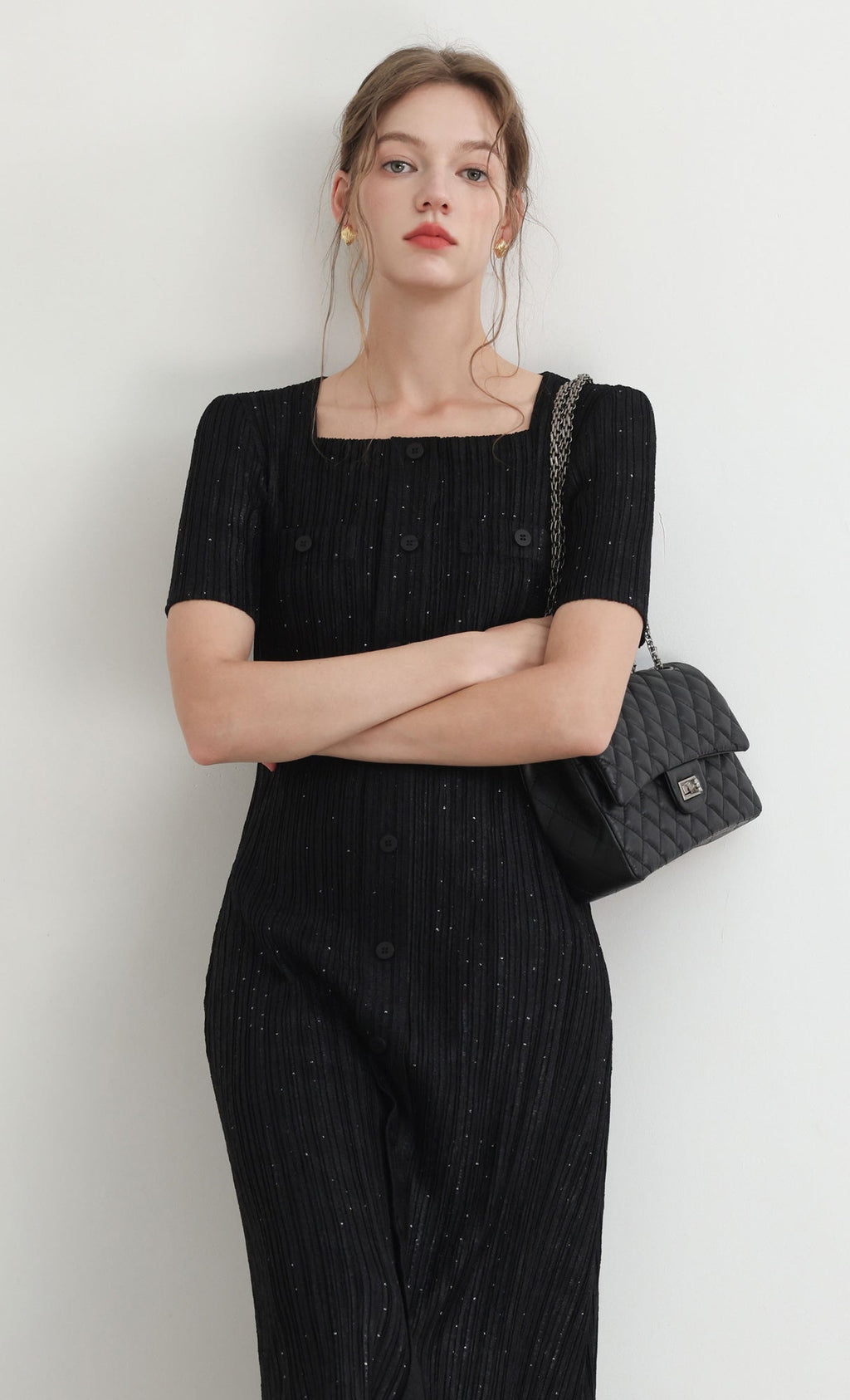 Tweed pleats square neck dress_black