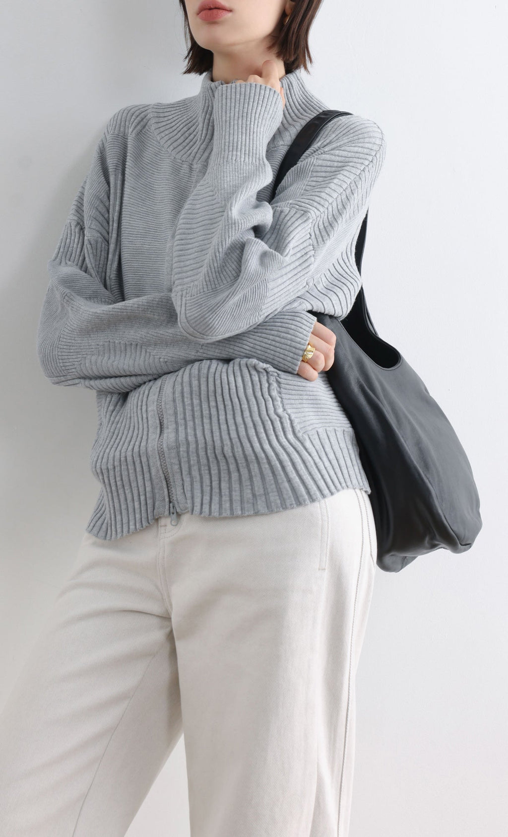 High Neck Knitted Pleated Zip-Up Cardigan_Grey