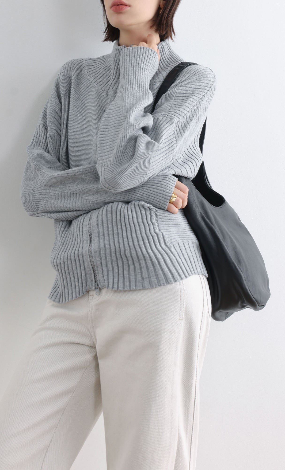 High Neck Knitted Pleated Zip-Up Cardigan_Grey