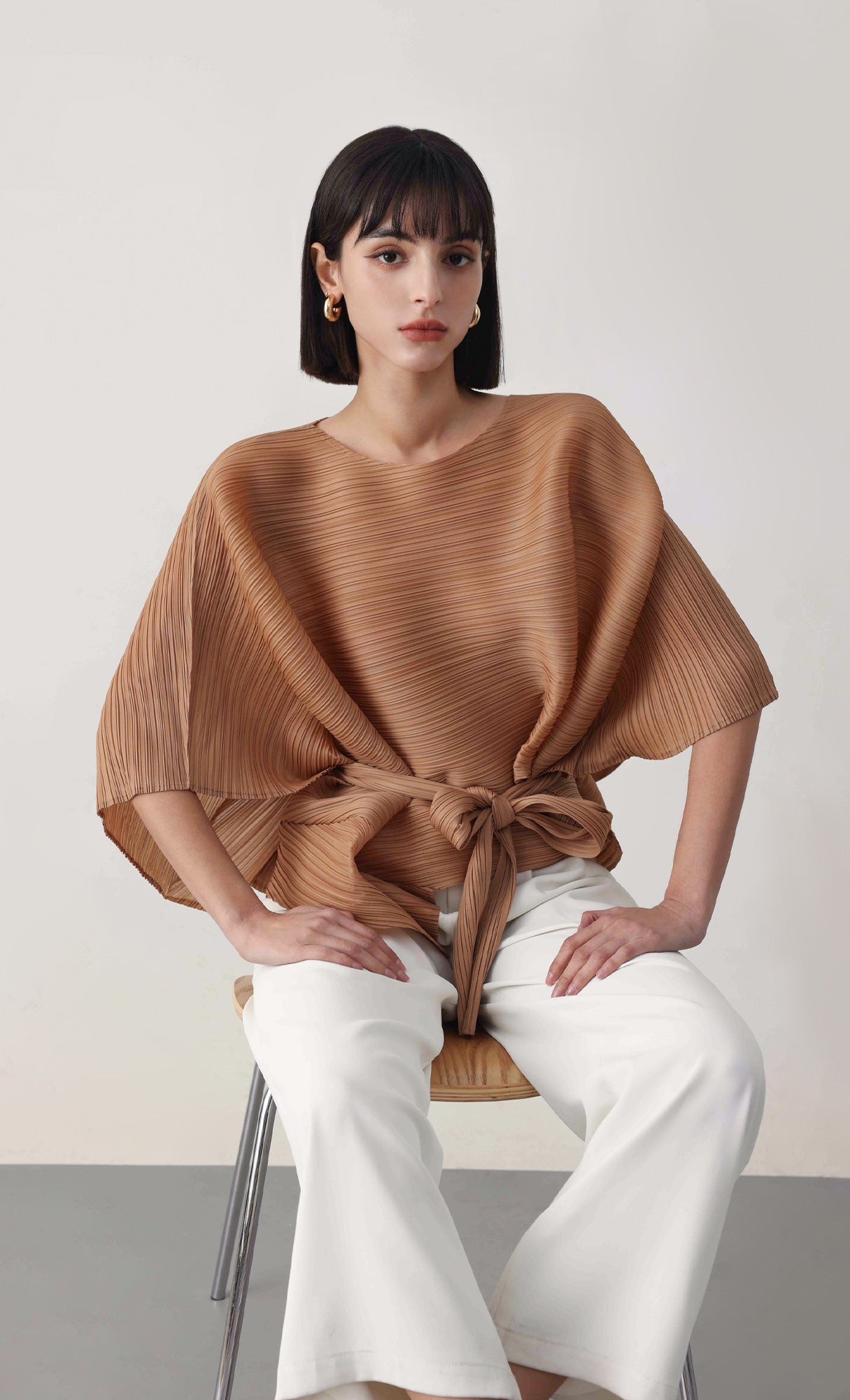 Tria pleated blouse & strap set_camel