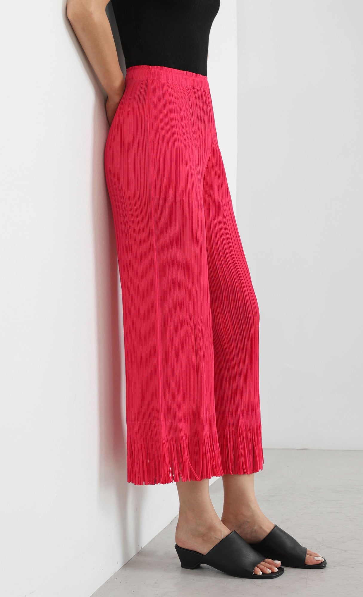 frill hem pleated pants_red