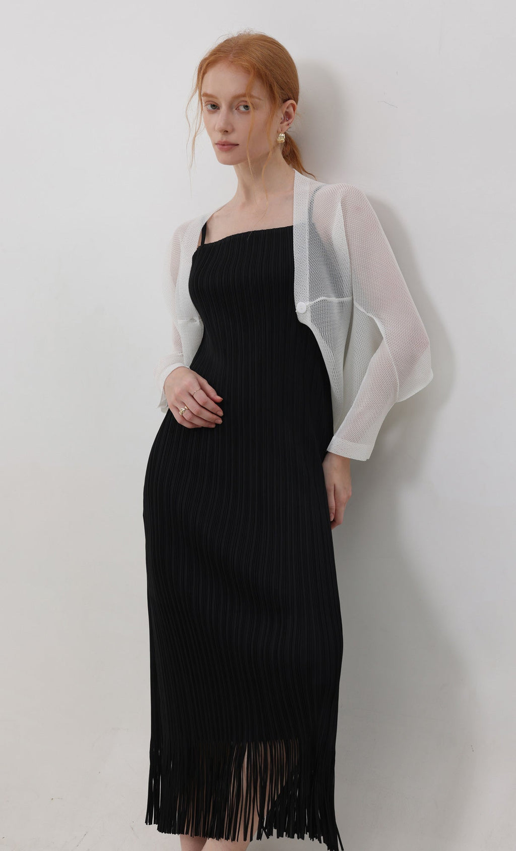 Lucid pleated mesh cardigan_ivory