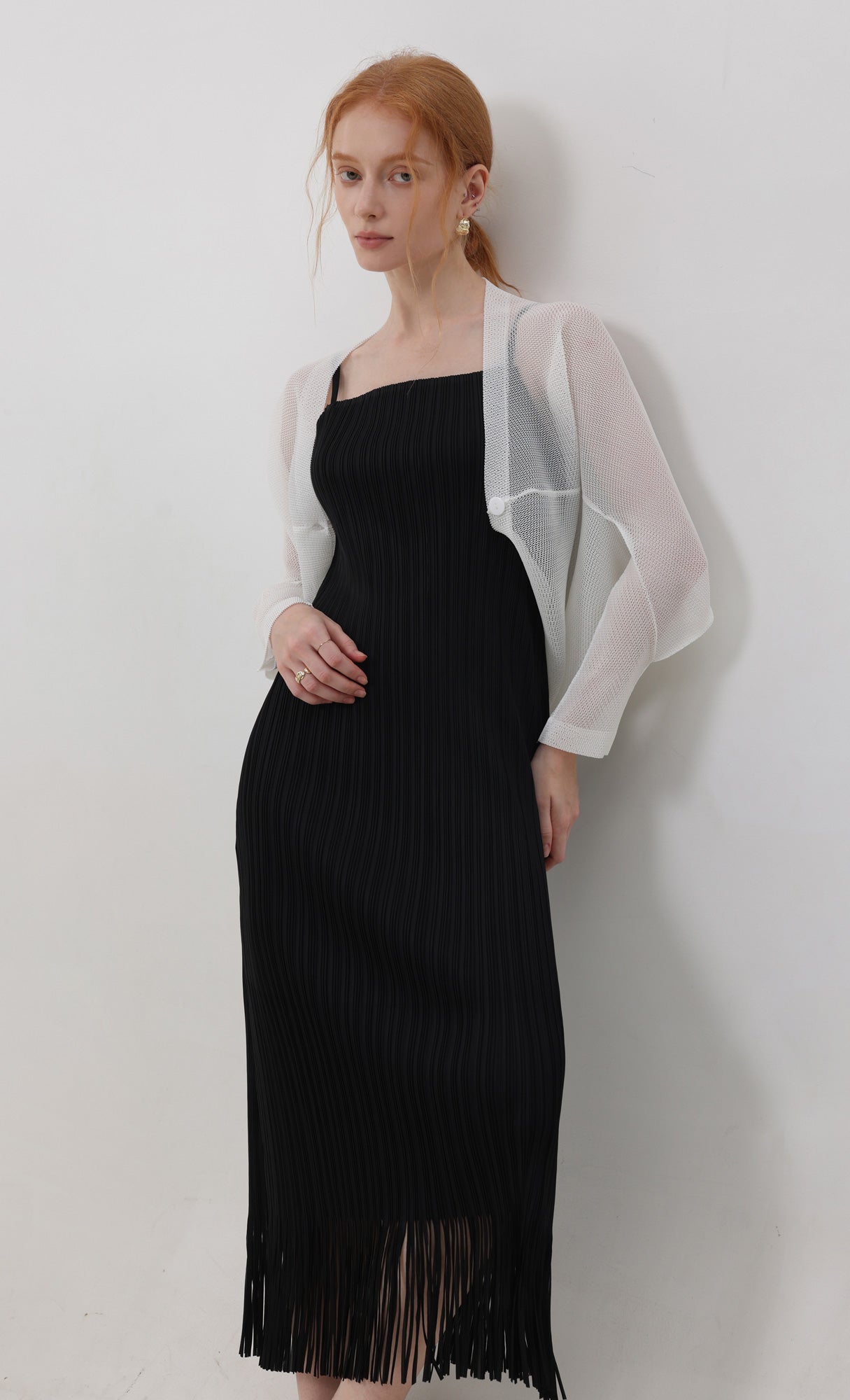 Lucid pleated mesh cardigan_ivory