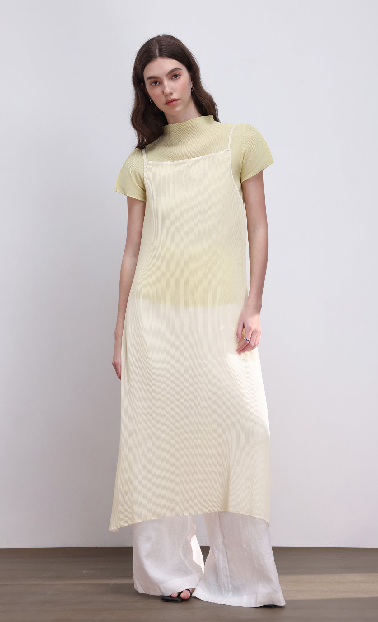 Sheer pleated layering dress_ivory