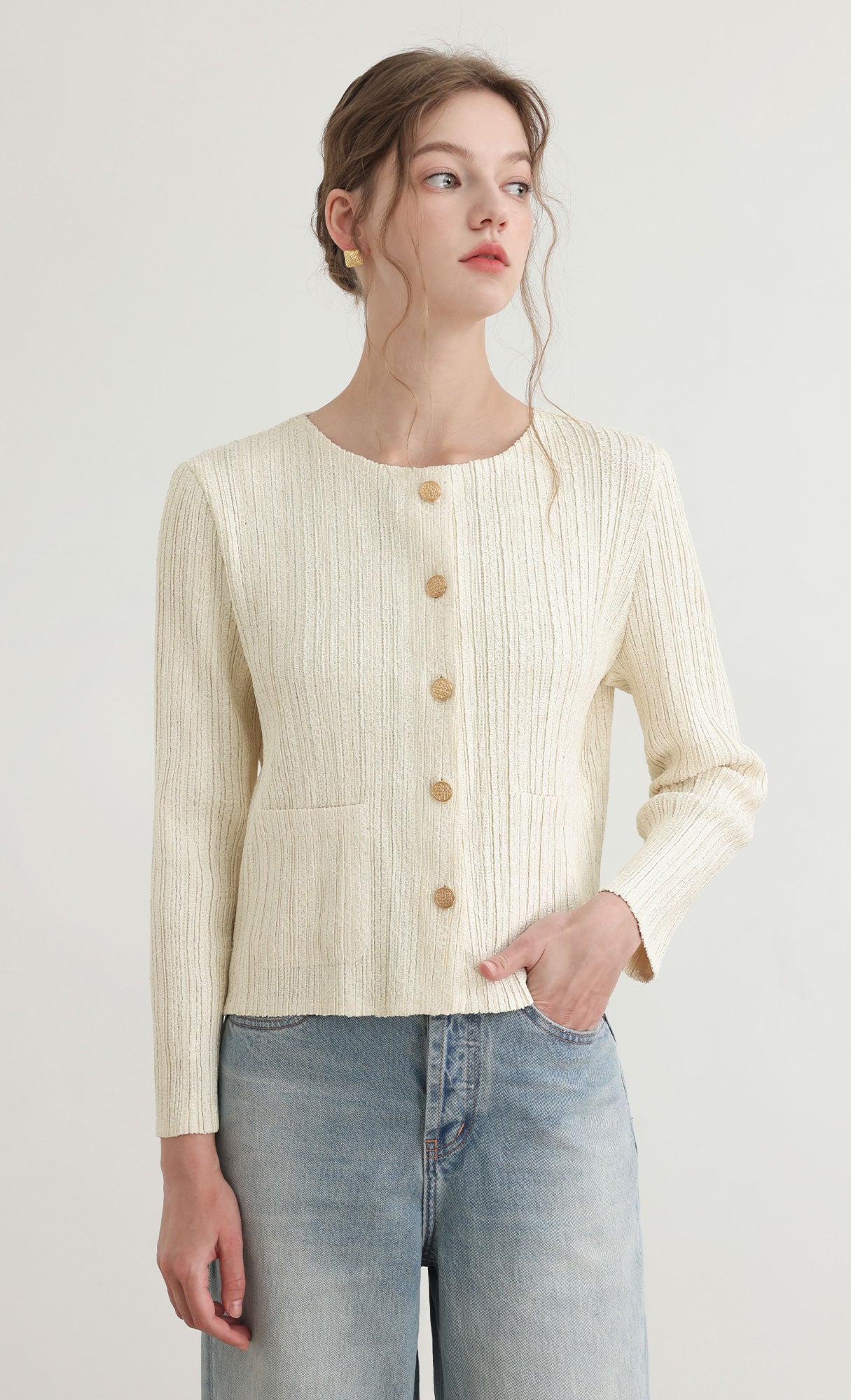 Tweed pleats cardigan jacket_ivory