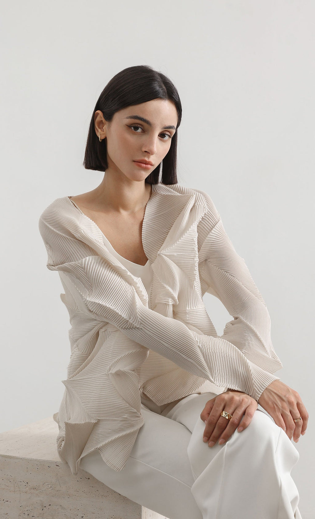 geo pleated jacket cardigan_beige