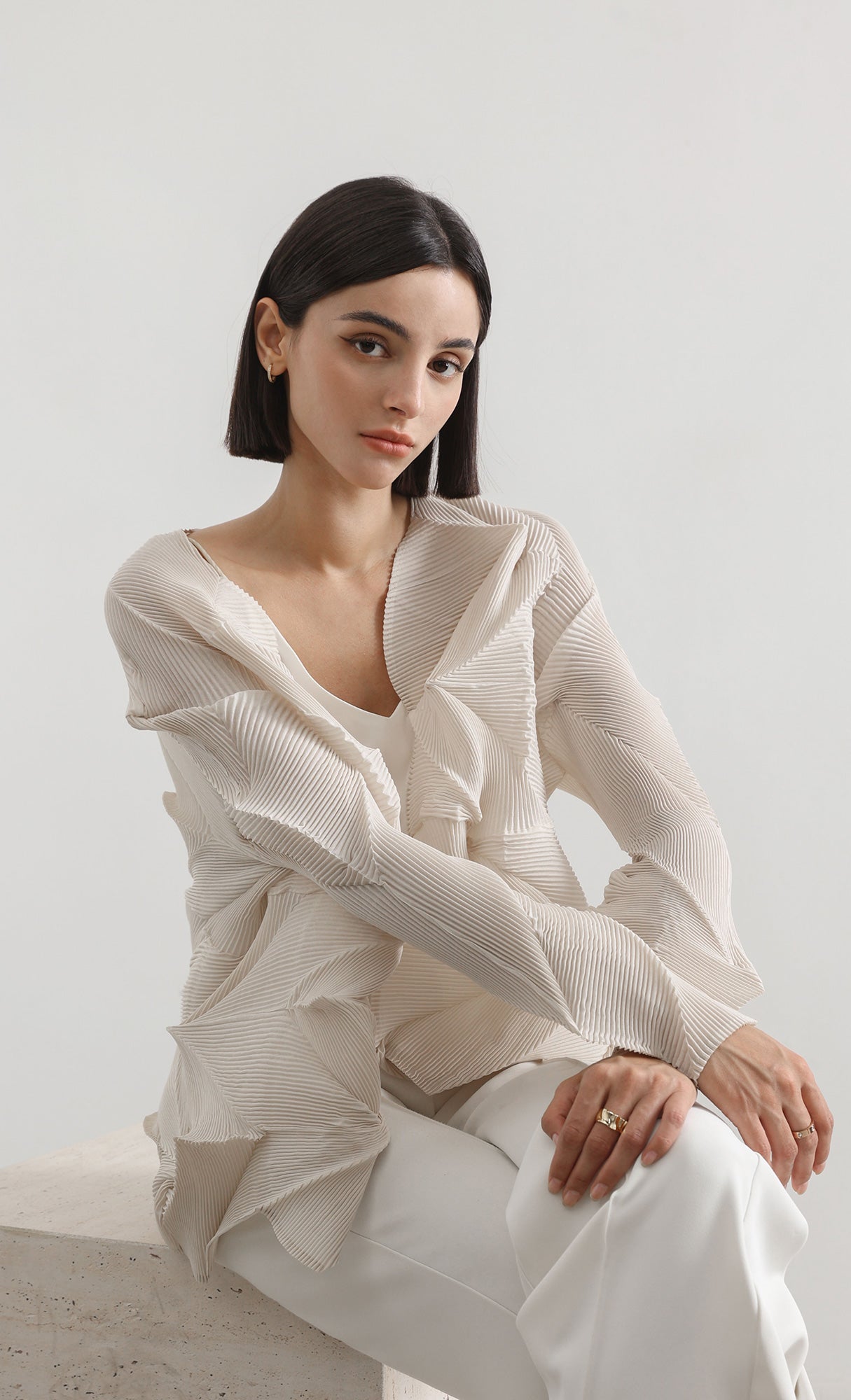 geo pleated jacket cardigan_beige