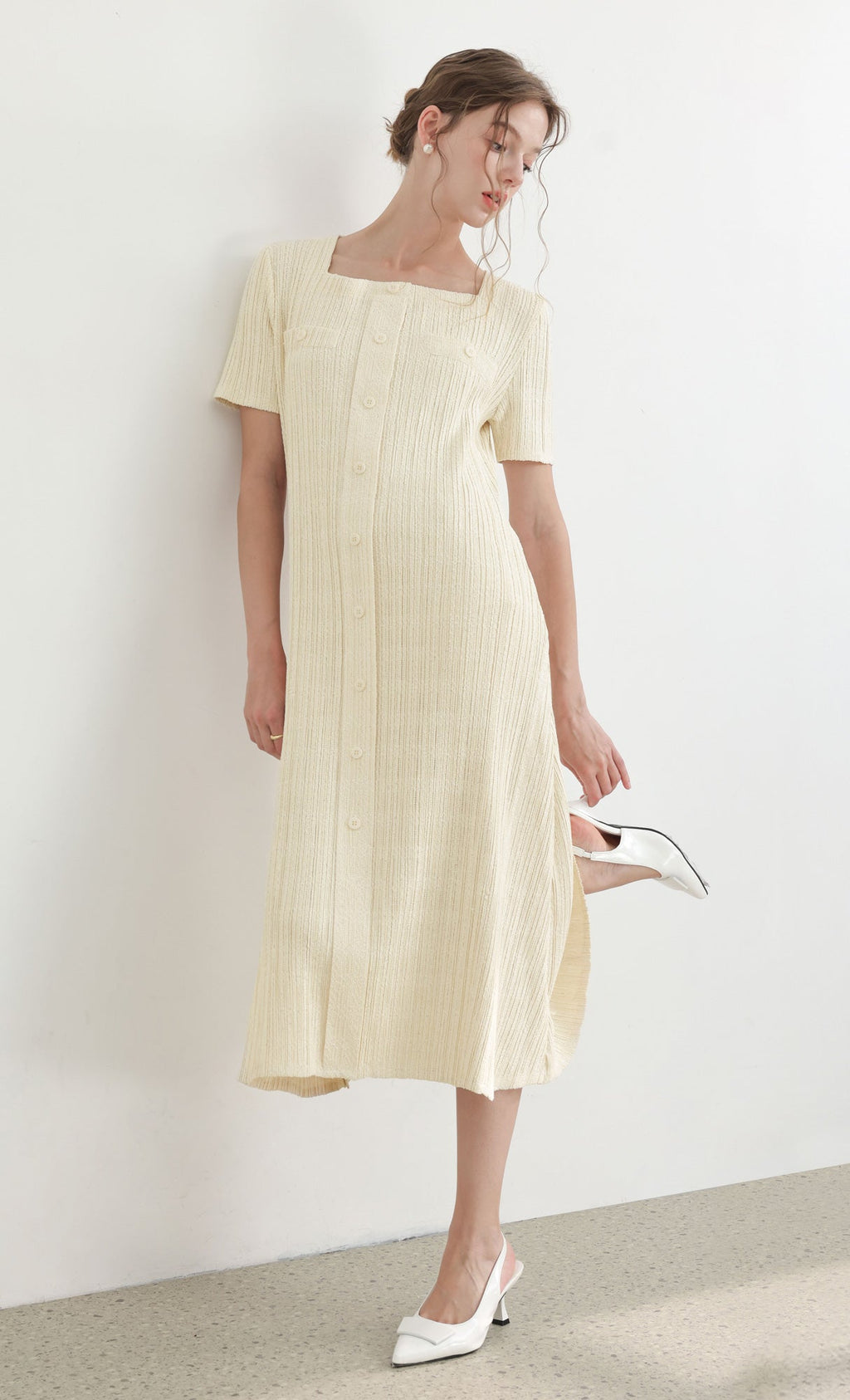 Tweed pleats square neck dress_ivory