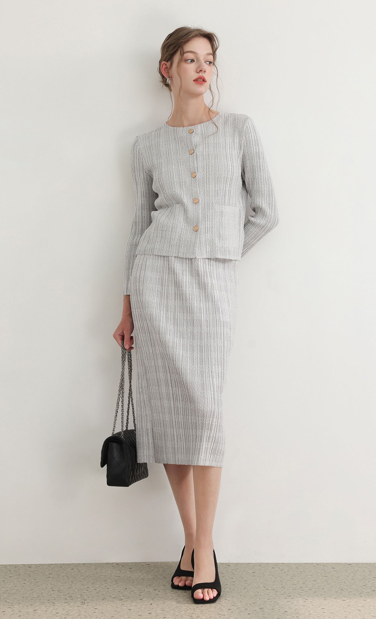 Tweed pleats banding skirt_grey
