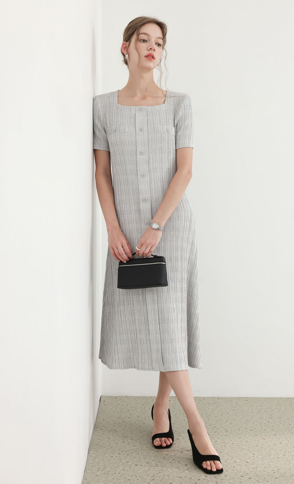 Tweed pleats square neck dress_grey