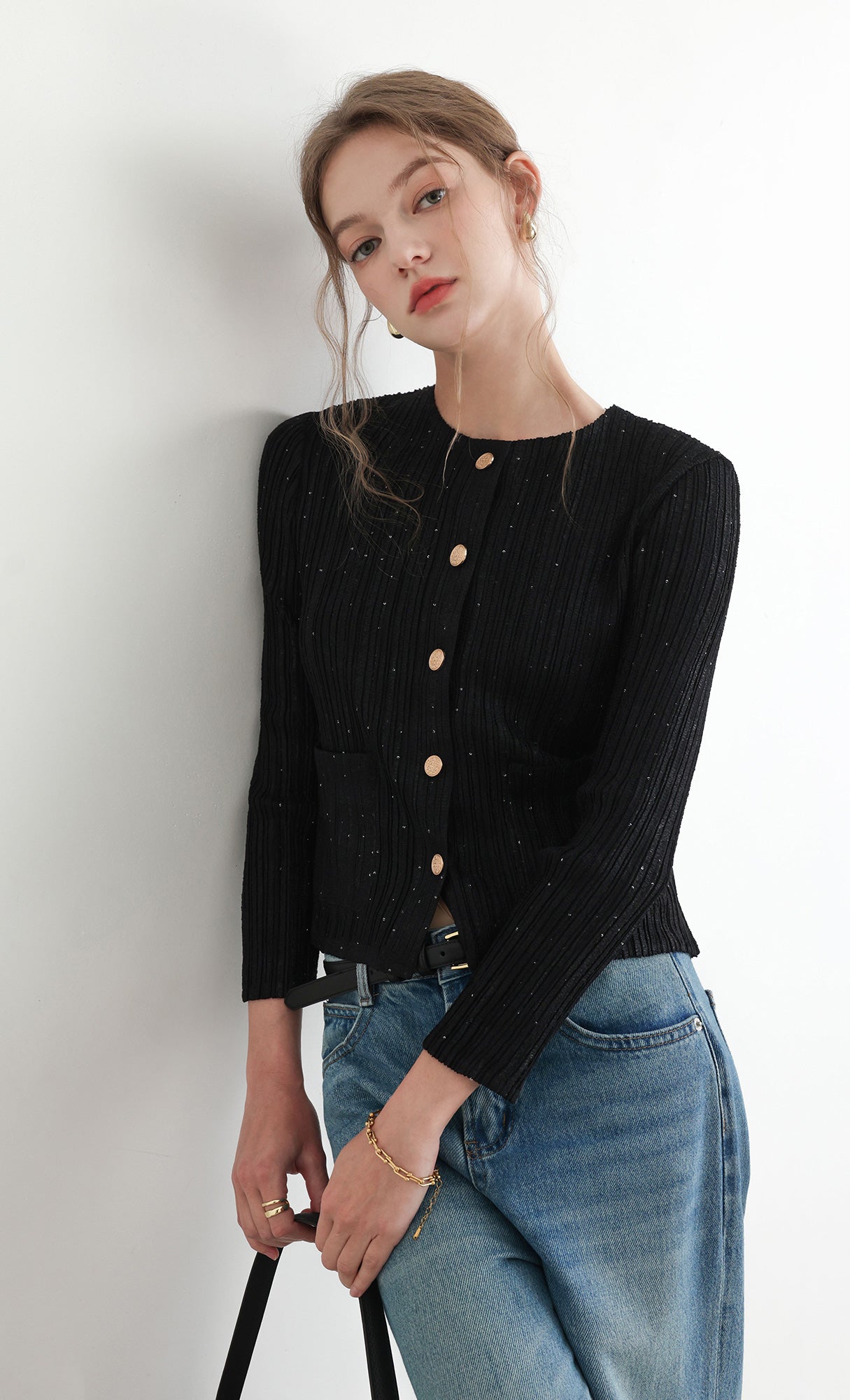 Tweed pleats cardigan jacket_black