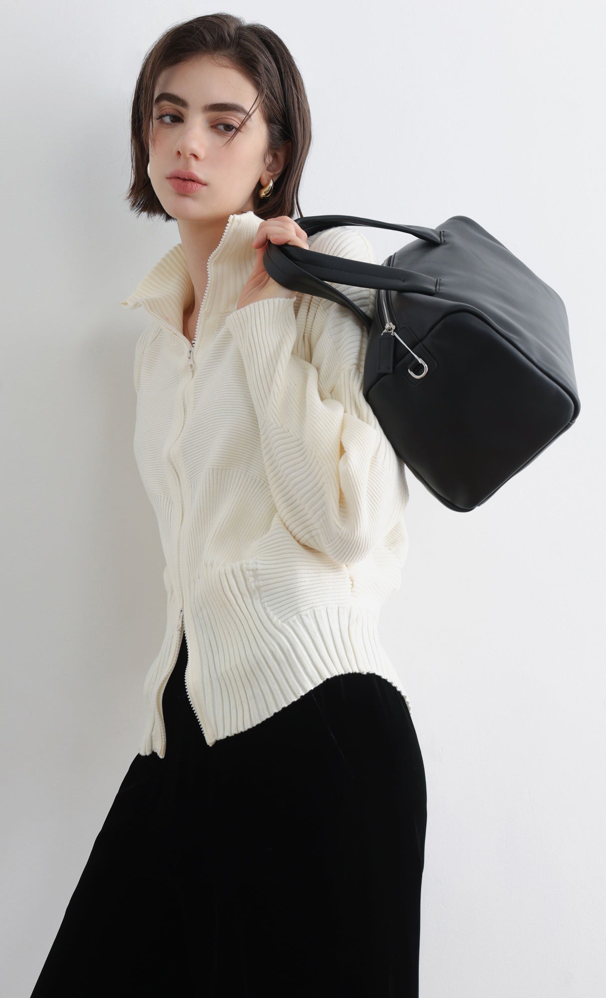 High Neck Knitted Pleated Zip-Up Cardigan_Ivory