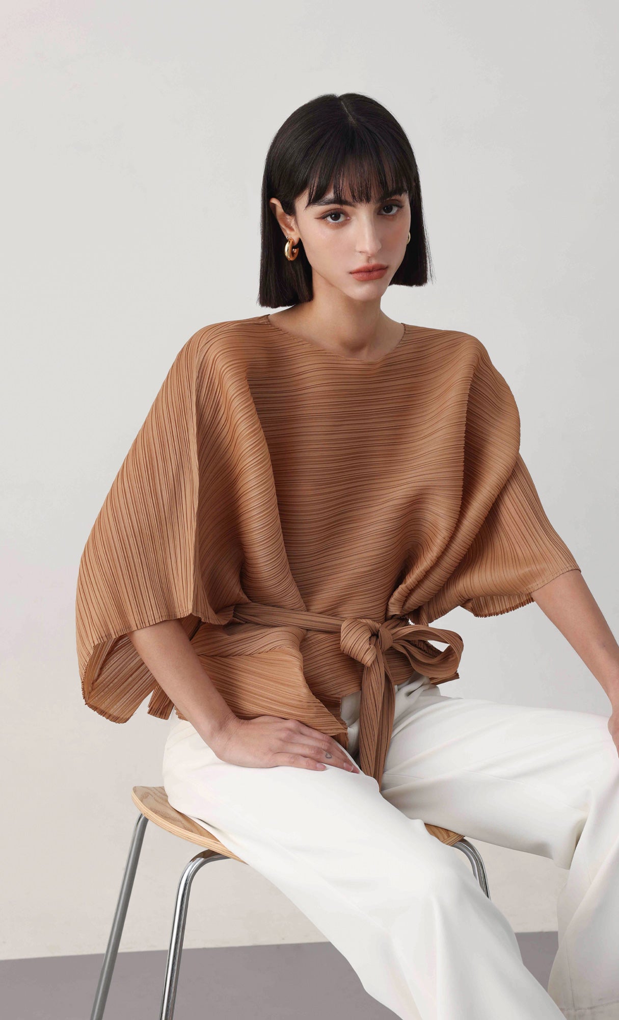 Tria pleated blouse & strap set_camel