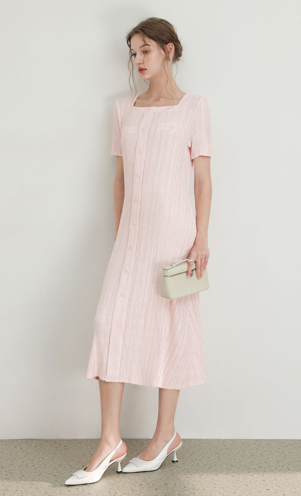 Tweed pleats square neck dress_pink