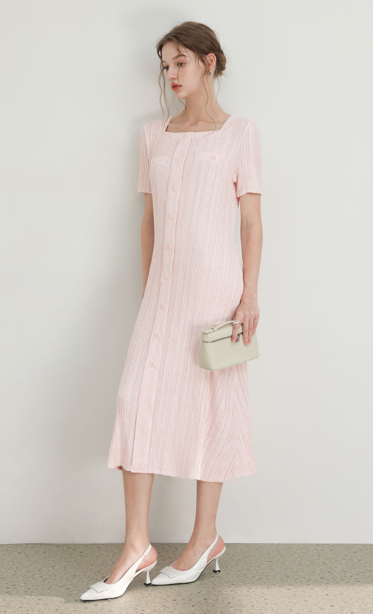 Tweed pleats square neck dress_pink
