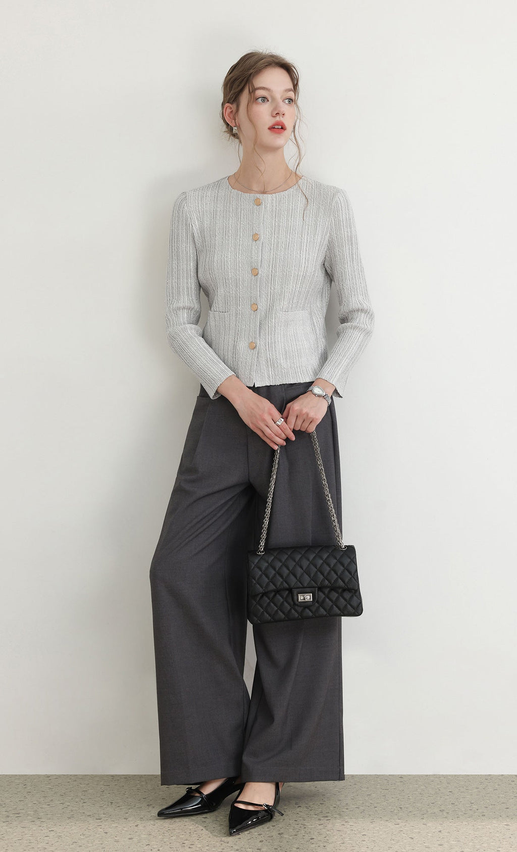 Tweed pleats cardigan jacket_grey