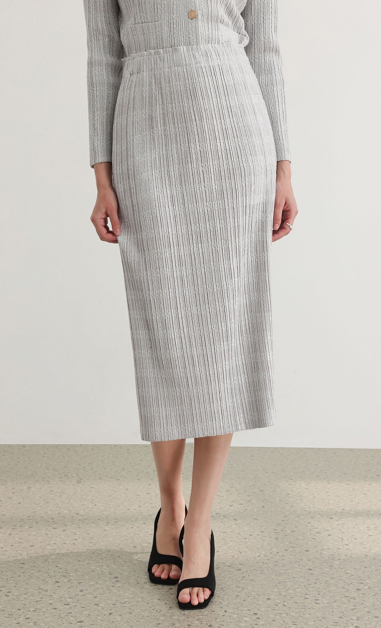 Tweed pleats banding skirt_grey