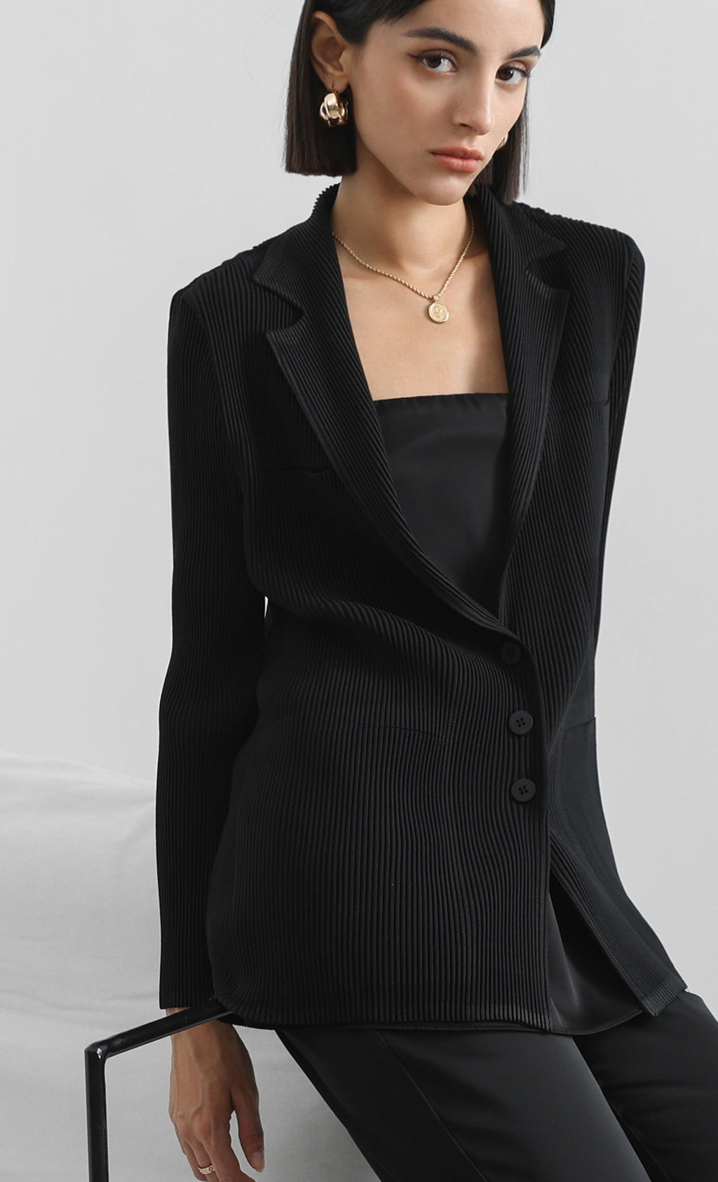 curve pleated set-up jacket_black