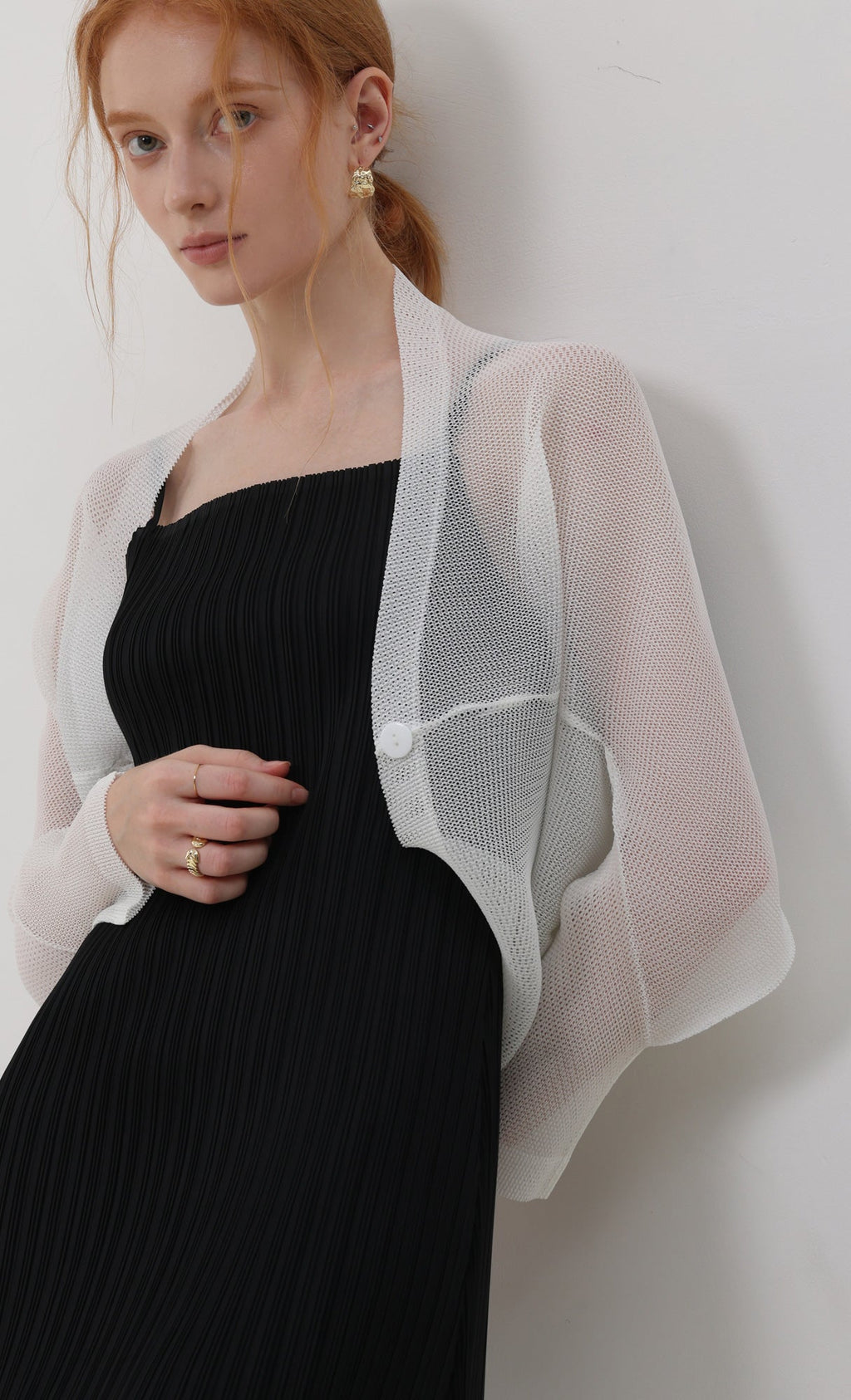 Lucid pleated mesh cardigan_ivory