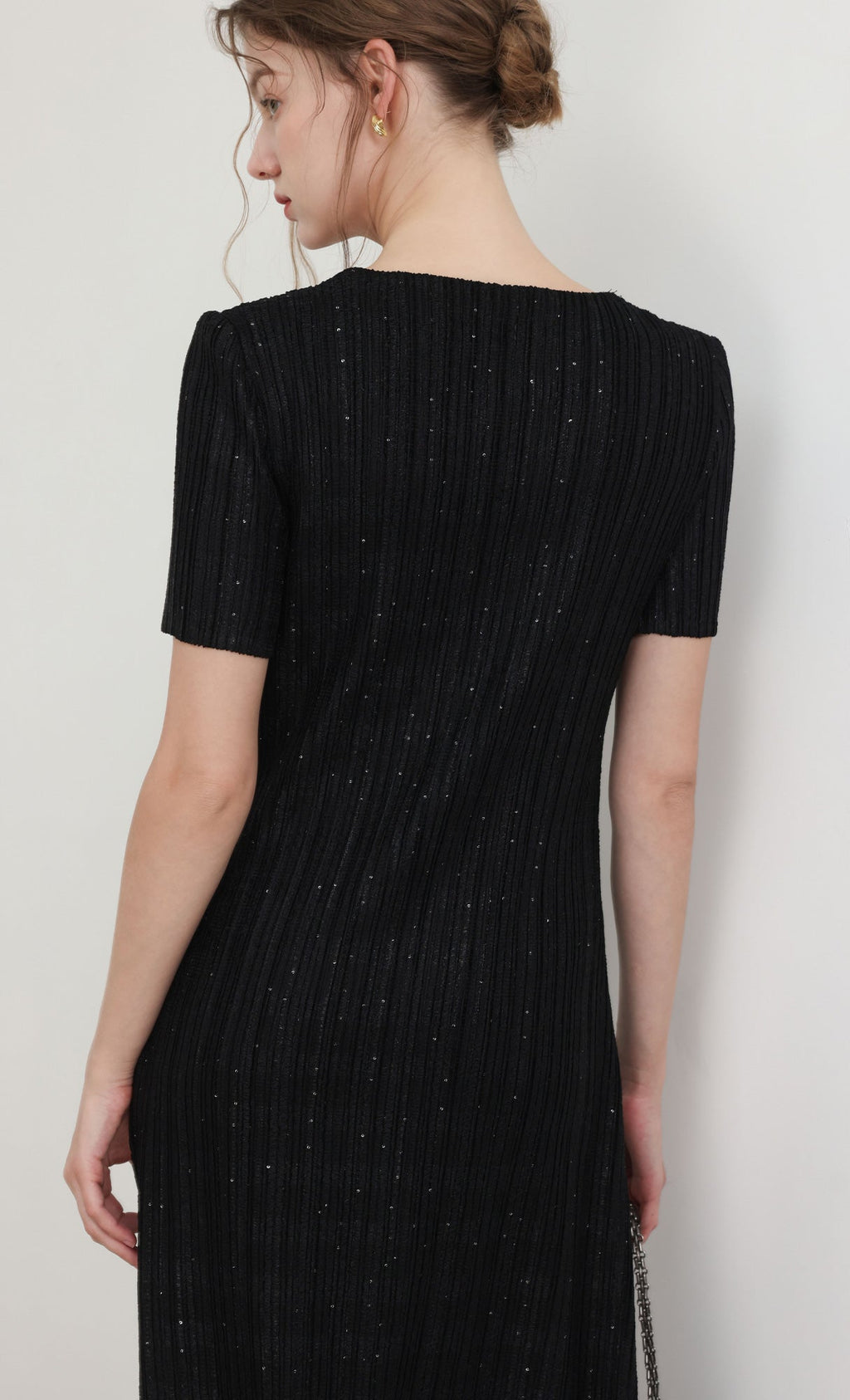 Tweed pleats square neck dress_black