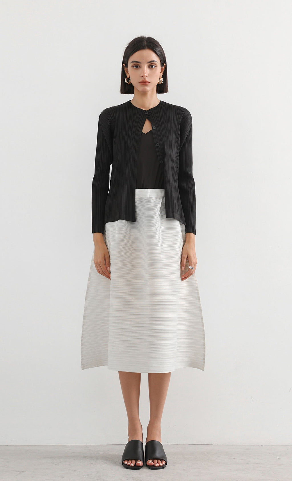 button basic pleated cardigan_black