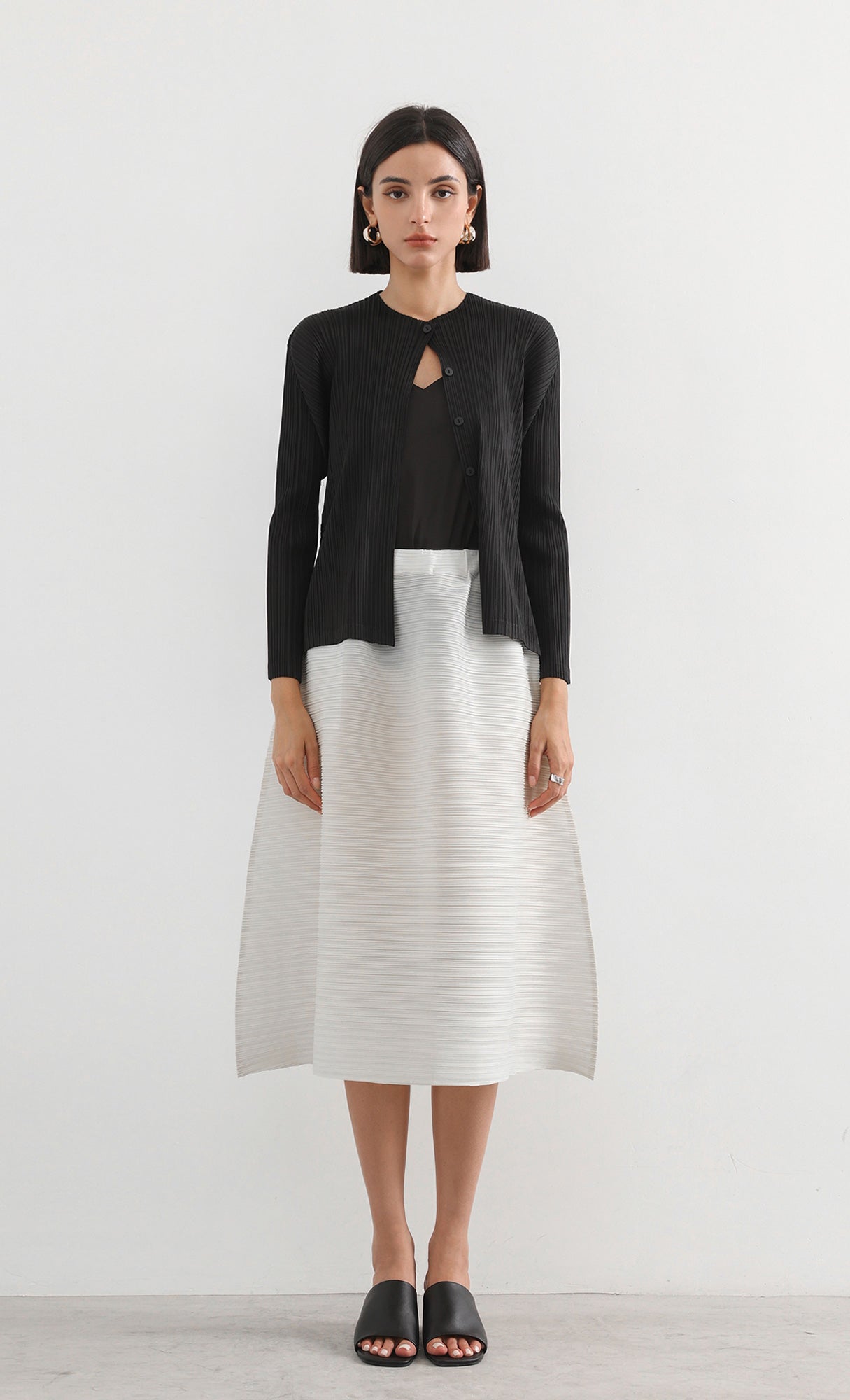 button basic pleated cardigan_black