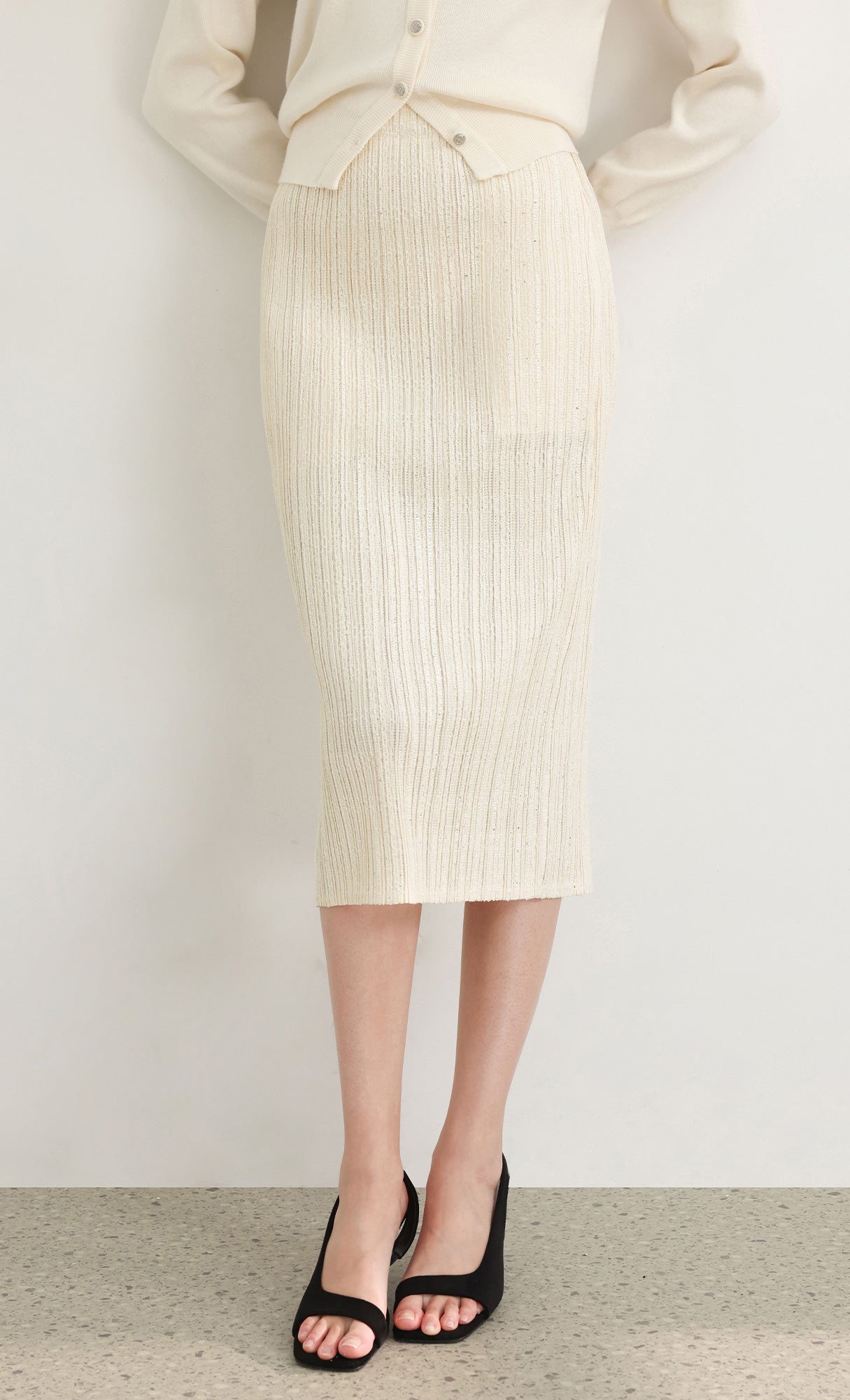 Tweed pleats banding skirt_ivory