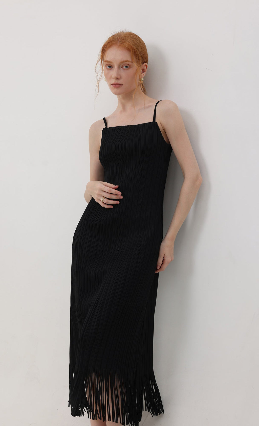 Fringe pleated slip dress_black