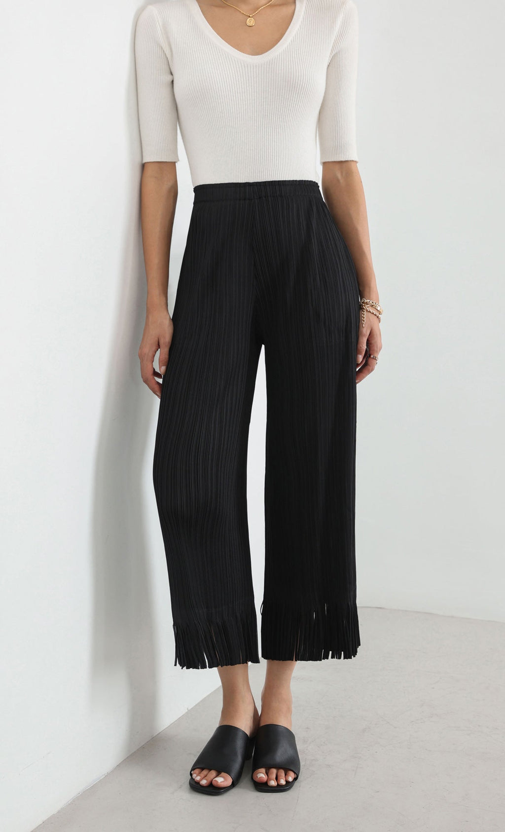 frill hem pleats pants_black