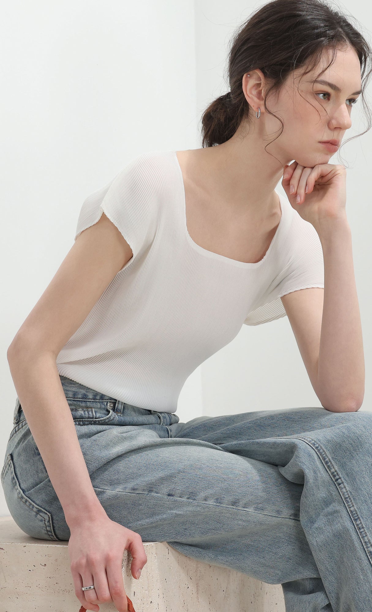 Nora pleated cap-sleeve top_white