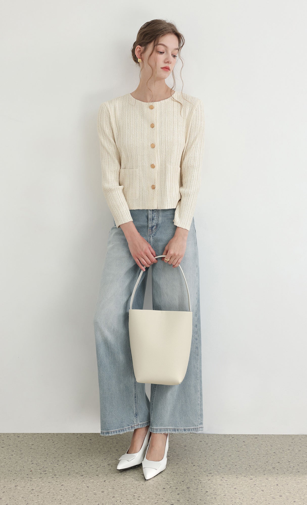 Tweed pleats cardigan jacket_ivory