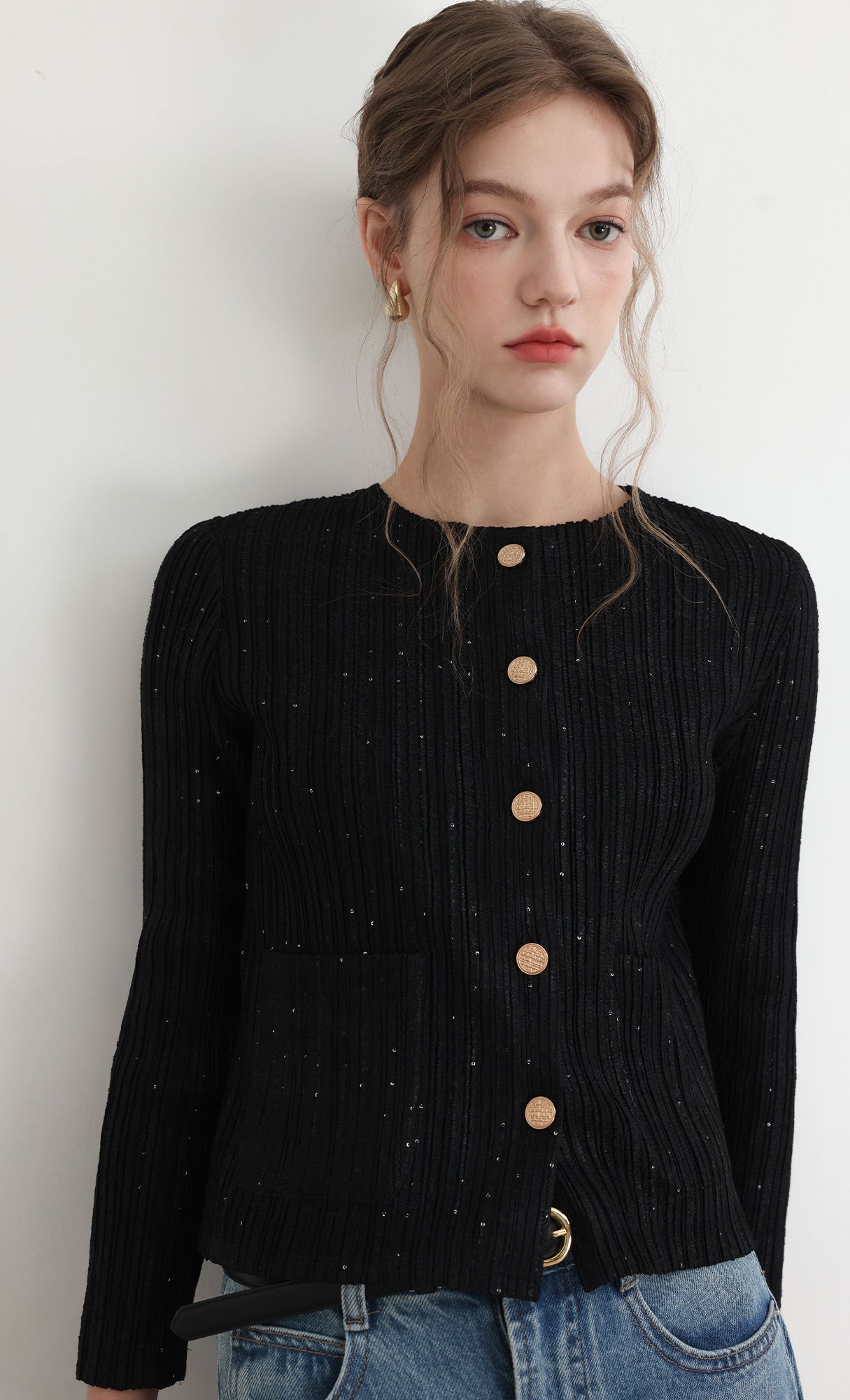 Tweed pleats cardigan jacket_black