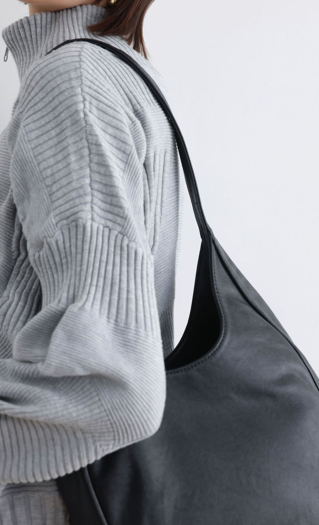 High Neck Knitted Pleated Zip-Up Cardigan_Grey