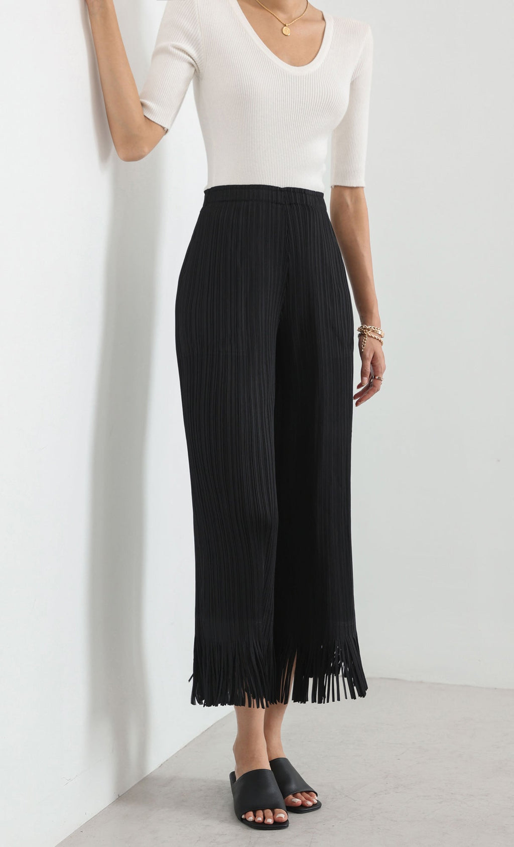 frill hem pleats pants_black