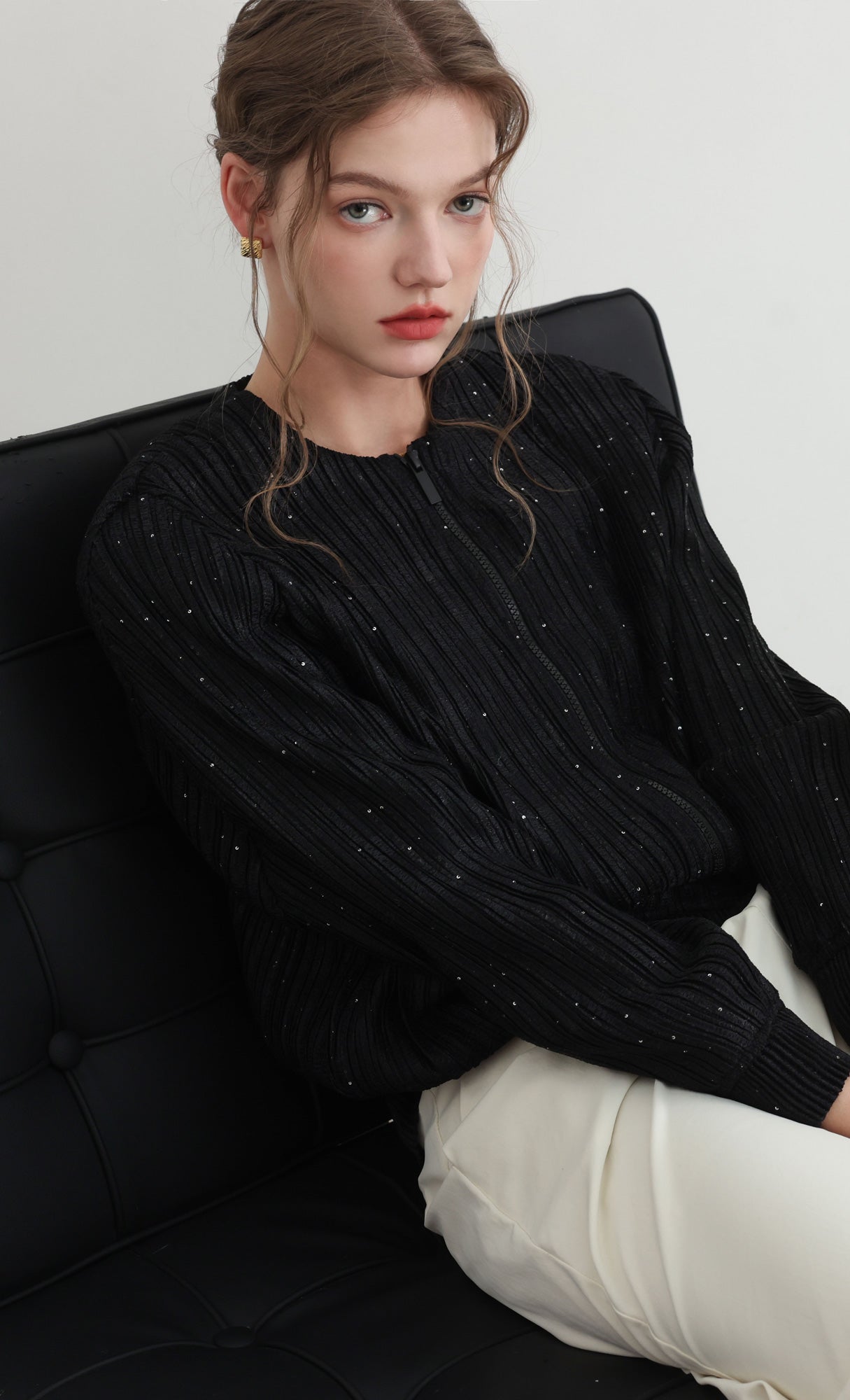 Tweed pleats blouson jumper_black