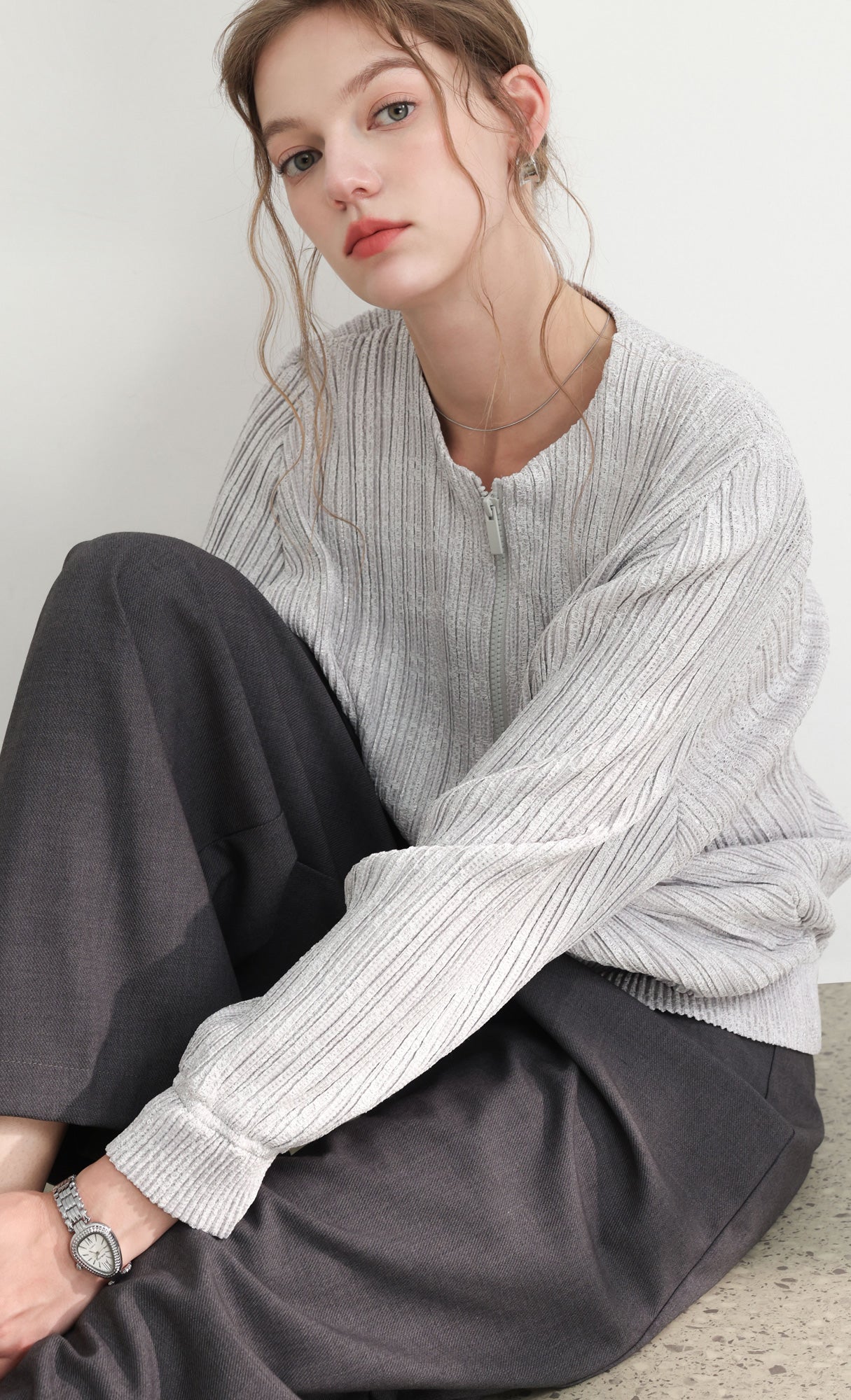 Tweed pleats blouson jumper_grey