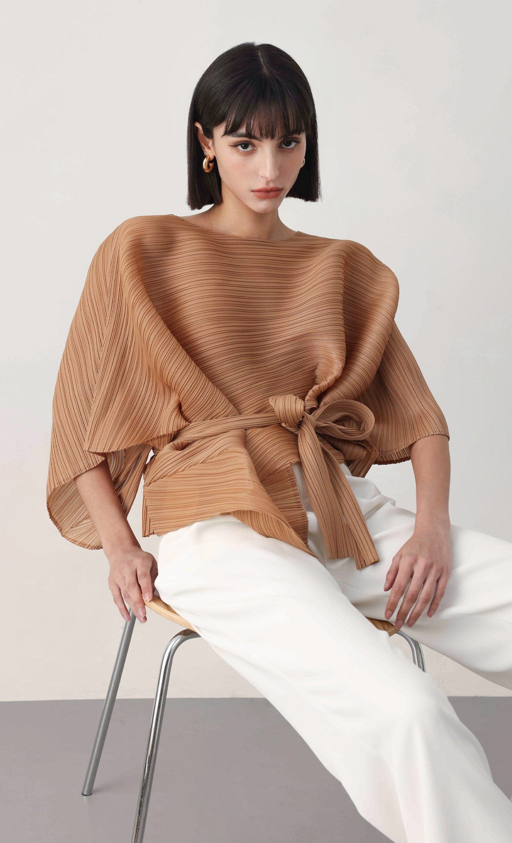 Tria pleated blouse & strap set_camel