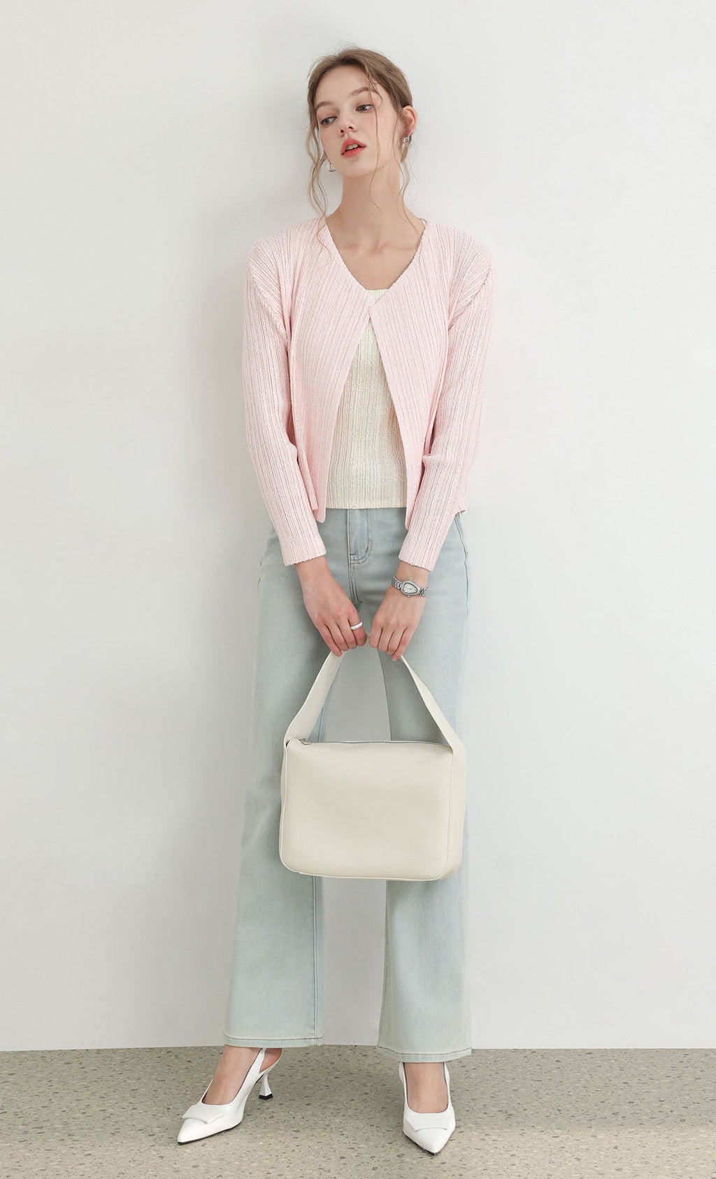 Tweed pleats cardigan_pink