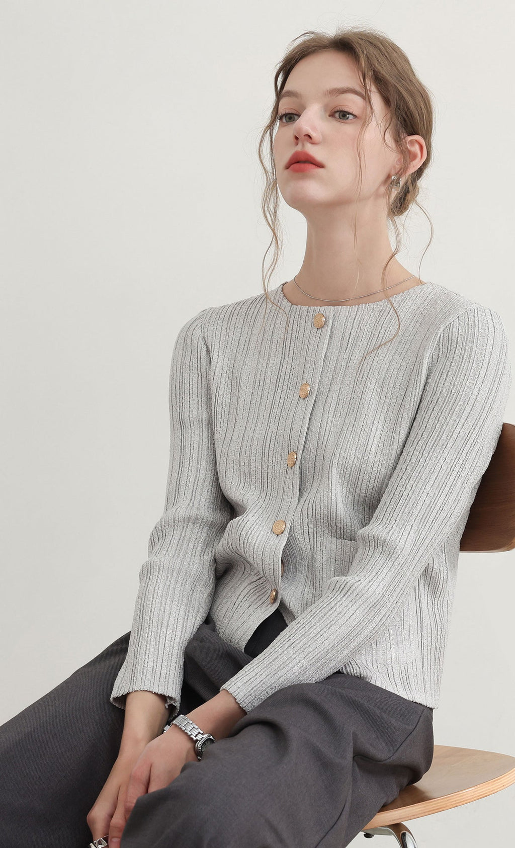 Tweed pleats cardigan jacket_grey