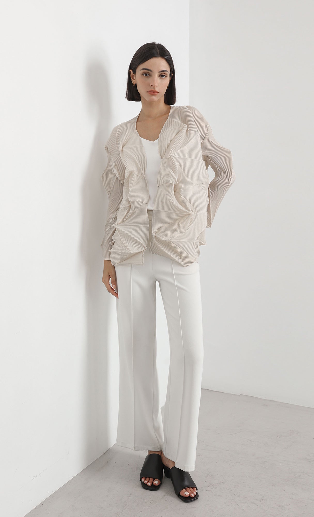 geo pleated jacket cardigan_beige