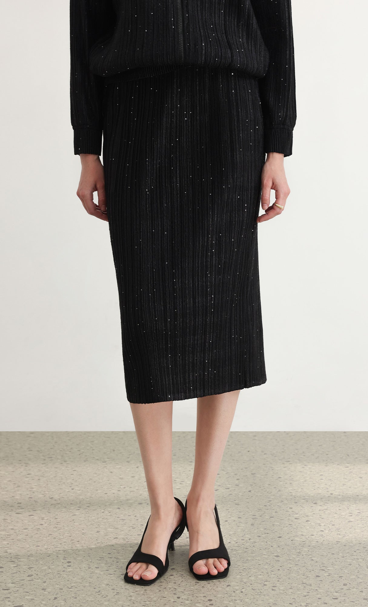 Tweed pleats banding skirt_black