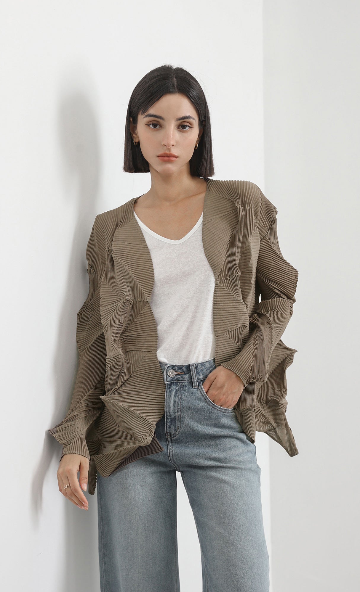 geo pleated jacket cardigan_brown