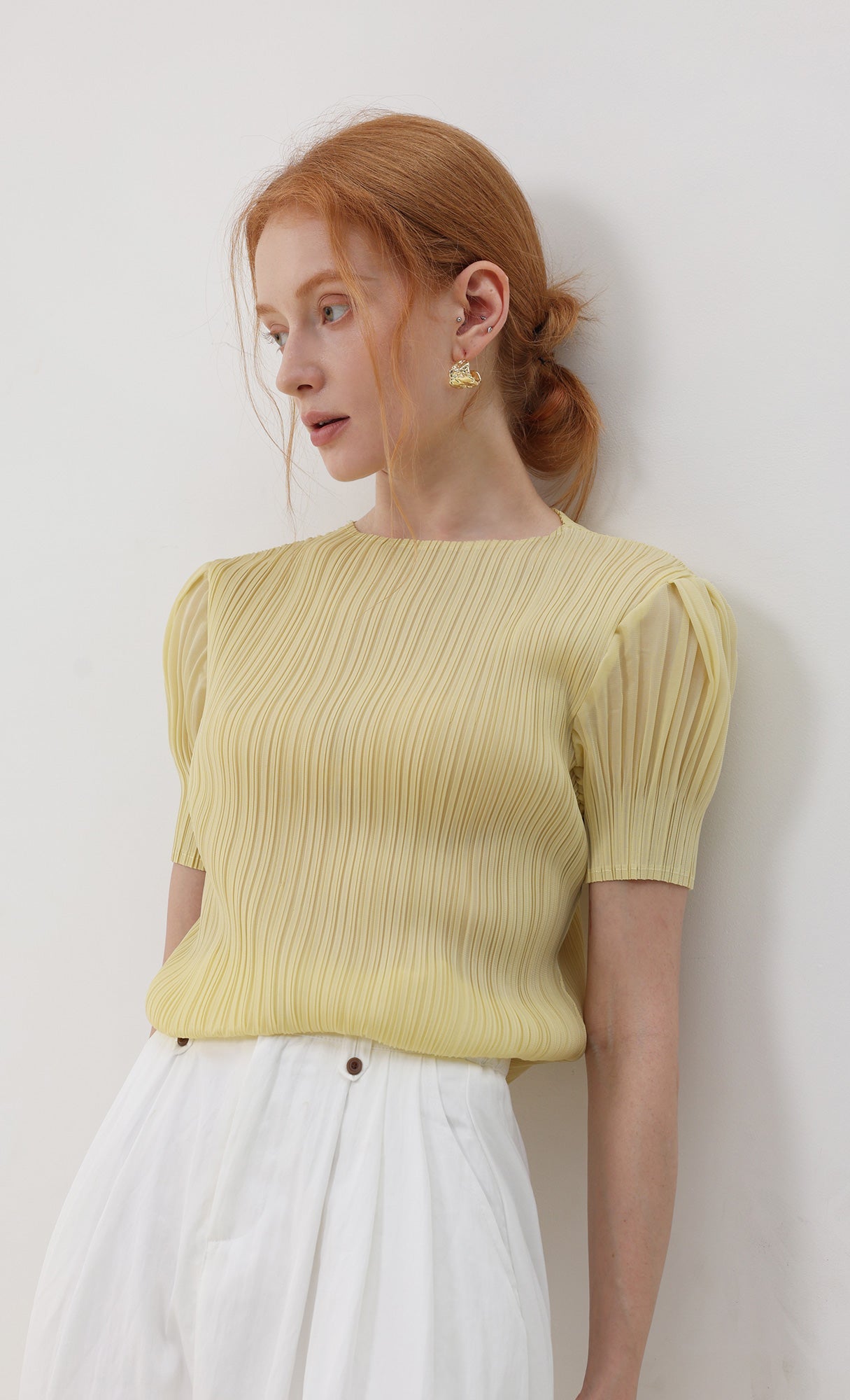 Mellow pleated half sleeve top_yellow