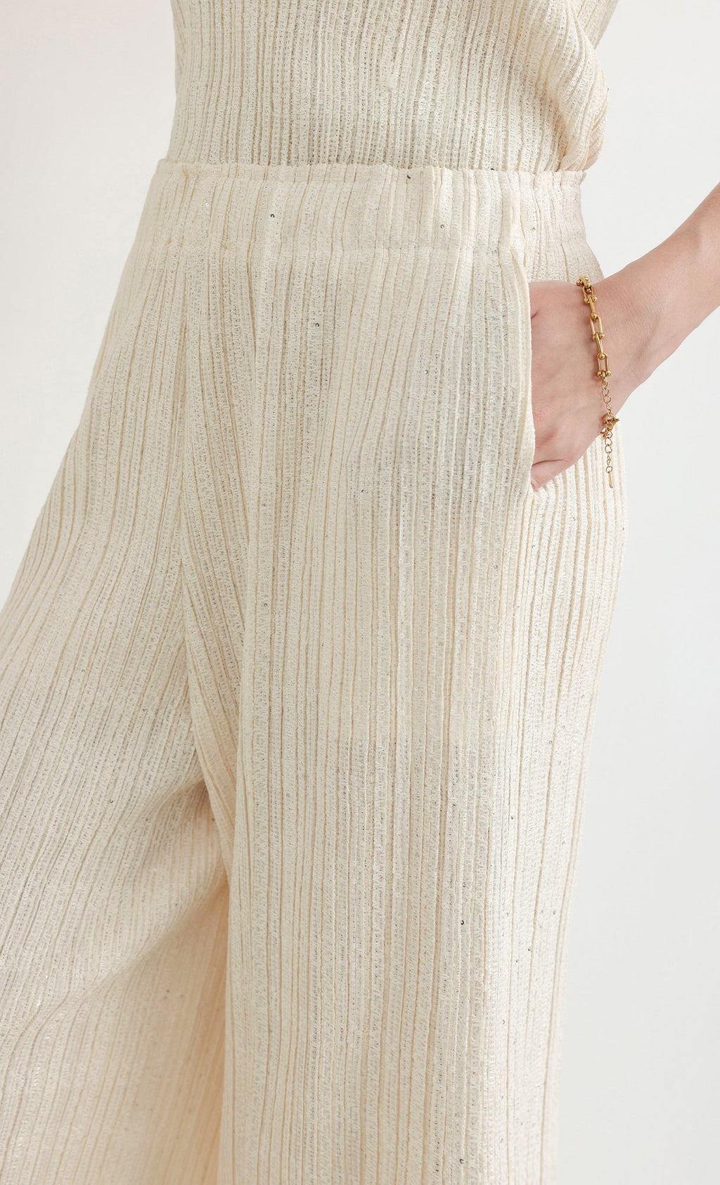 Tweed pleats pintuck pants_ivory