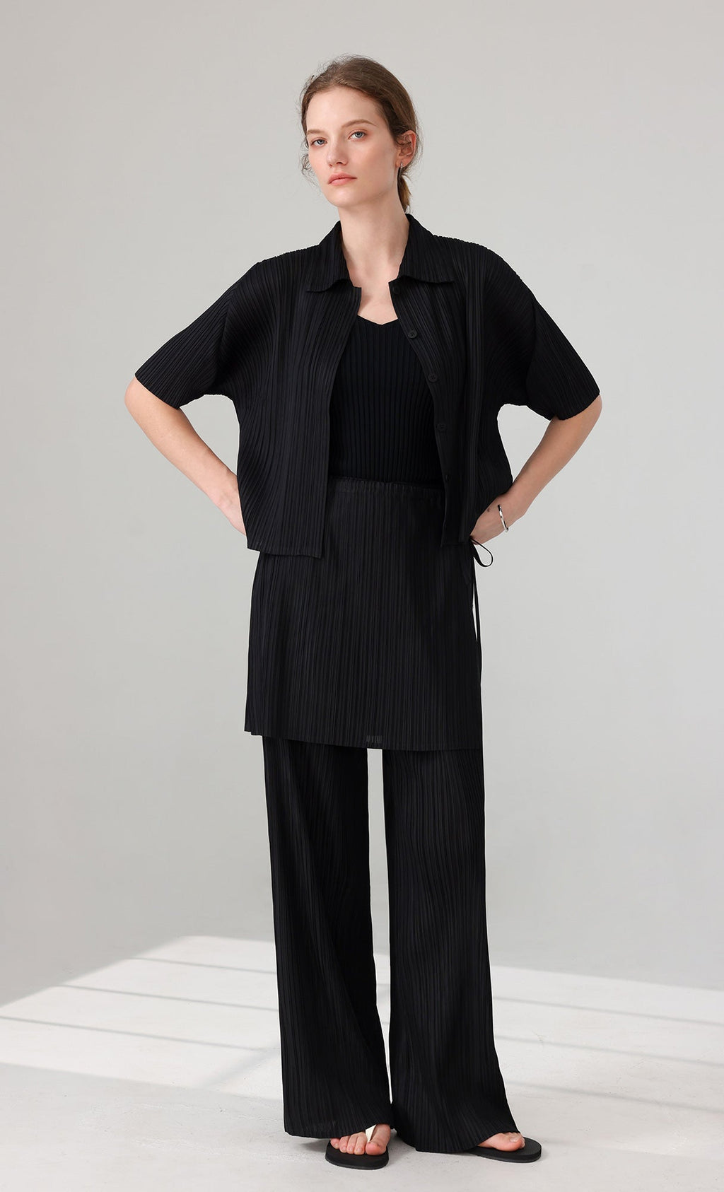 Siny Pleated Layered Wrap Skirt Pants Set_black