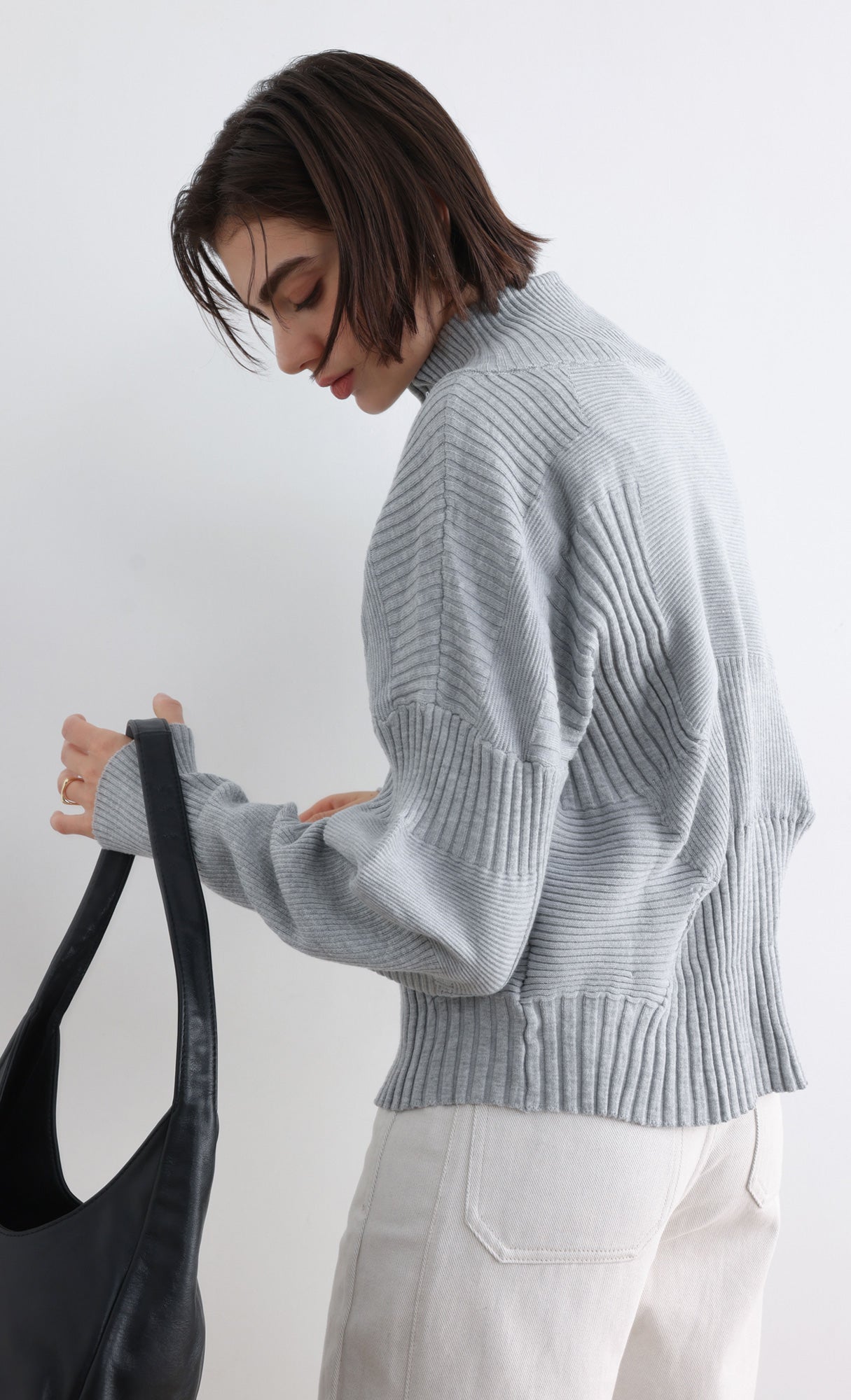 High Neck Knitted Pleated Zip-Up Cardigan_Grey