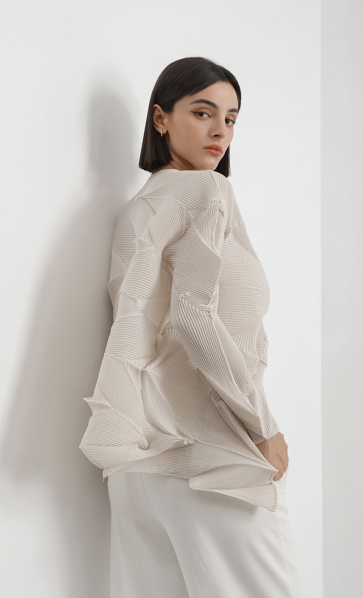 geo pleated jacket cardigan_beige