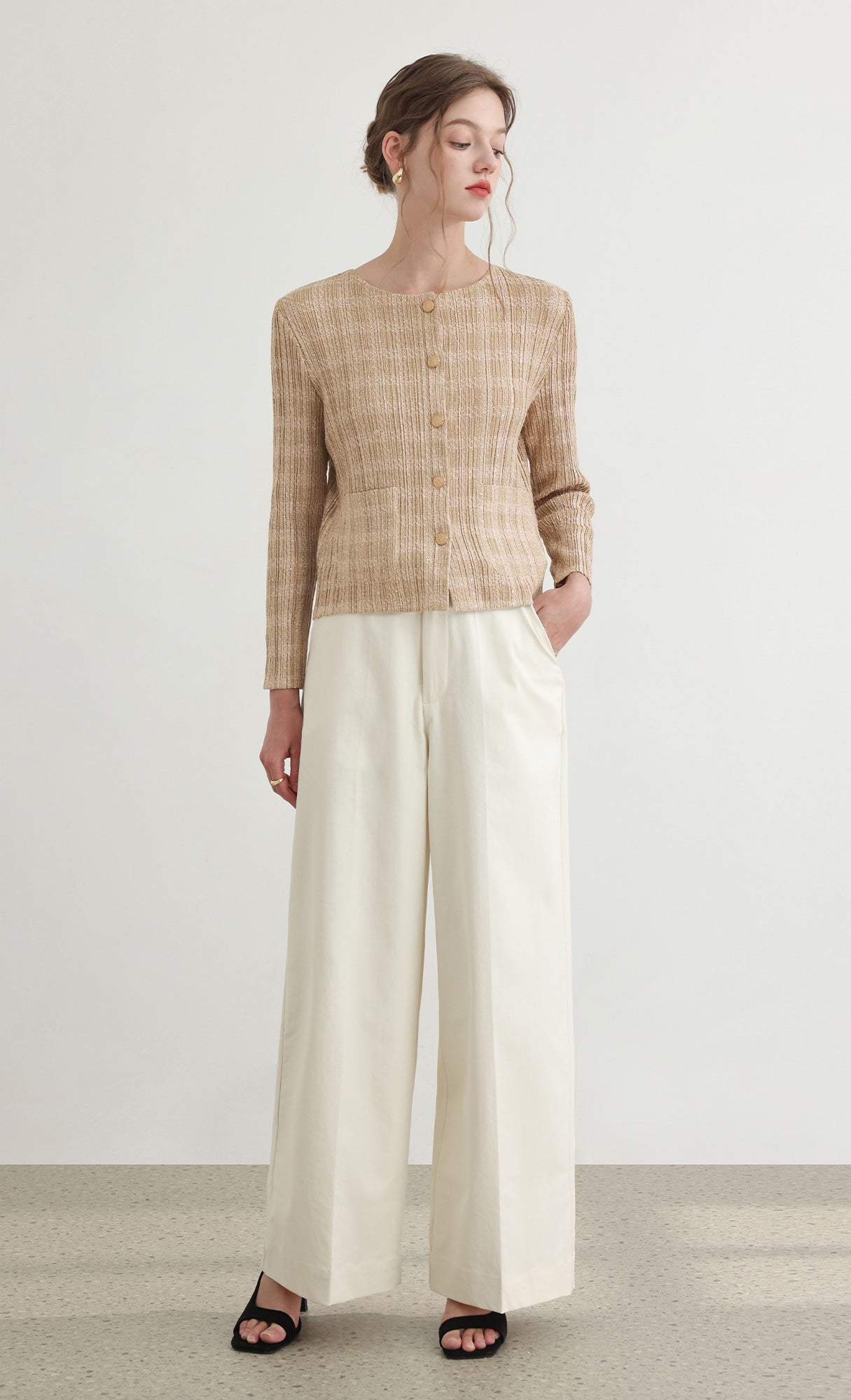 Tweed pleats cardigan jacket_beige