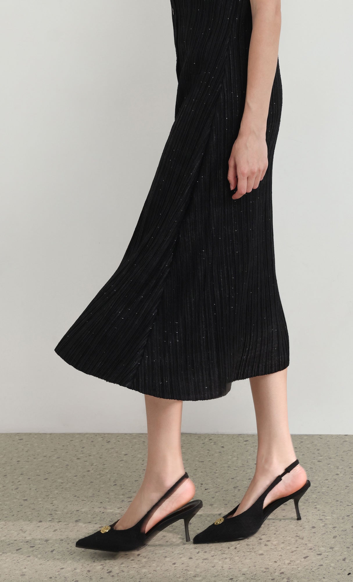 Tweed pleats square neck dress_black