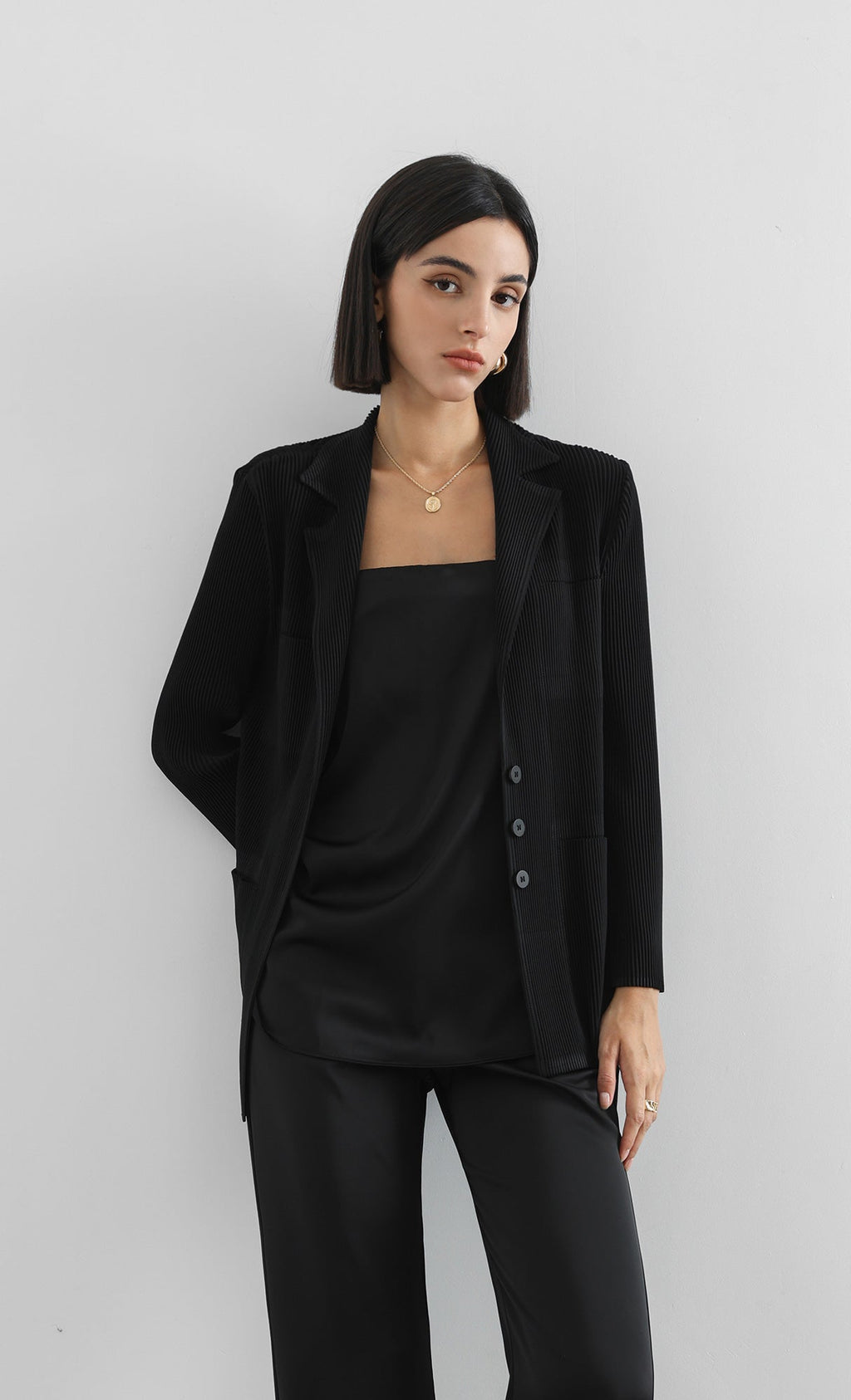 curve pleated set-up jacket_black
